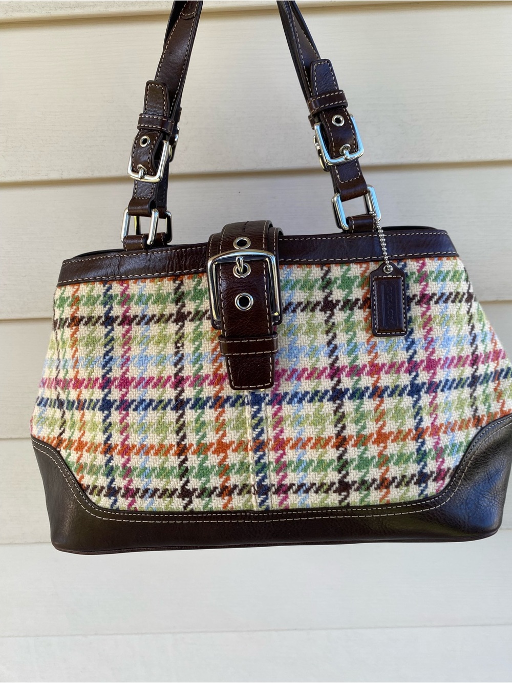 Coach Hampton Wool Tattersall Plaid Wool Satchel with Brown Leather Trim